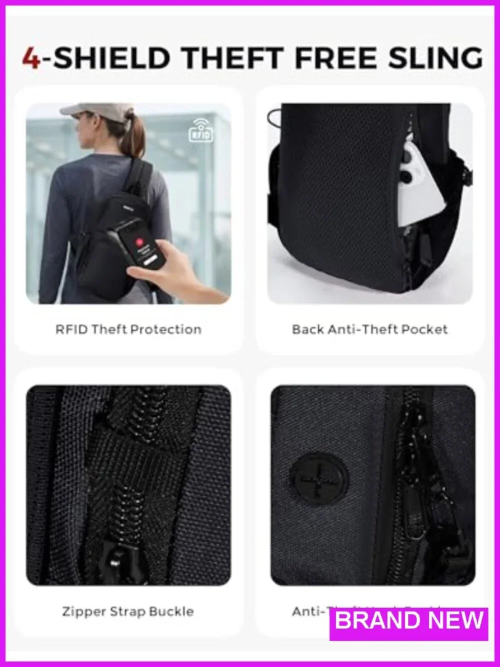 Anti-Theft RFID Blocking Sling Backpack Water-Resistant Crossbody Daypack with